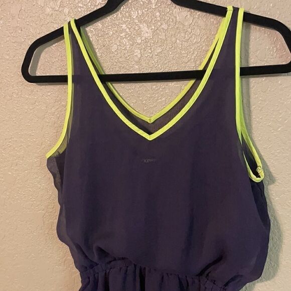 Express navy blue and neon yellow sheer skater dress XS - Picture 2 of 4